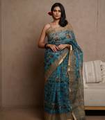 Turquoise kota doria polyester floral print golden zari border saree