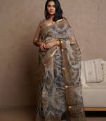 Grey kota doria polyester shibori print golden zari border saree