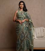 Dusty green kota doria polyester shibori print golden zari border saree