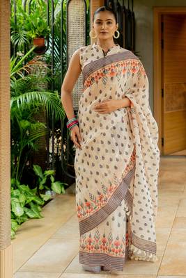 beige Assamese Linen Cotton Digital Printed Saree with Blouse Piece 1