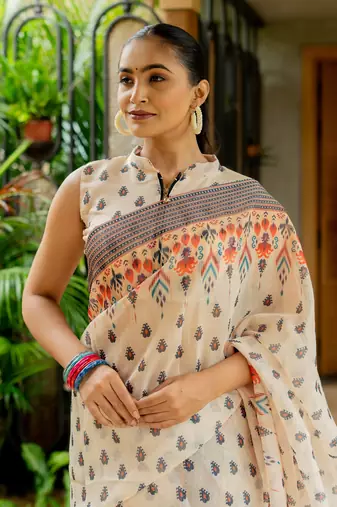 beige Assamese Linen Cotton Digital Printed Saree with Blouse Piece