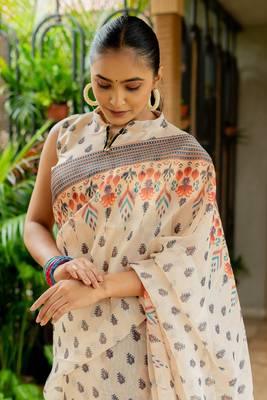 beige Assamese Linen Cotton Digital Printed Saree with Blouse Piece 3