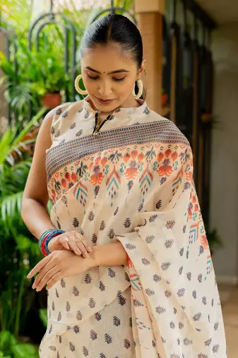 beige Assamese Linen Cotton Digital Printed Saree with Blouse Piece