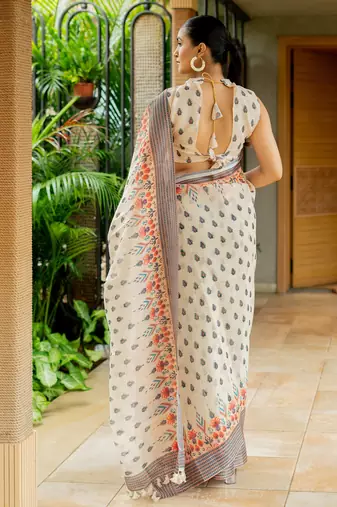 beige Assamese Linen Cotton Digital Printed Saree with Blouse Piece