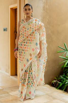 cream Assamese Linen Cotton Digital Floral Printed Saree with Blouse Piece 1