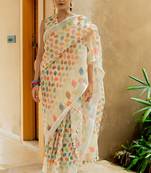 cream Assamese Linen Cotton Digital Floral Printed Saree with Blouse Piece