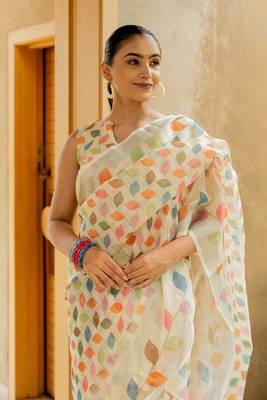 cream Assamese Linen Cotton Digital Floral Printed Saree with Blouse Piece 3
