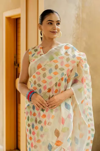 cream Assamese Linen Cotton Digital Floral Printed Saree with Blouse Piece