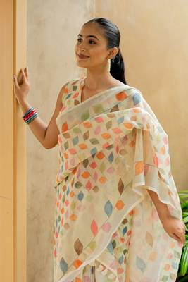 cream Assamese Linen Cotton Digital Floral Printed Saree with Blouse Piece 4