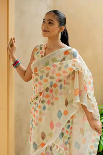 cream Assamese Linen Cotton Digital Floral Printed Saree with Blouse Piece