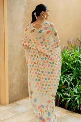 cream Assamese Linen Cotton Digital Floral Printed Saree with Blouse Piece 5
