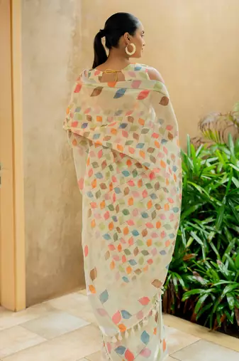 cream Assamese Linen Cotton Digital Floral Printed Saree with Blouse Piece