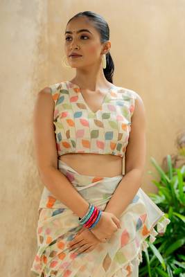 cream Assamese Linen Cotton Digital Floral Printed Saree with Blouse Piece 6
