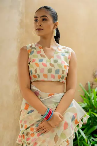 cream Assamese Linen Cotton Digital Floral Printed Saree with Blouse Piece