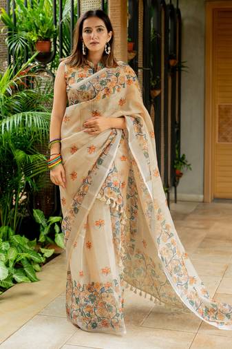 Cream cotton blend Mekhla Chador digital floral printed silver zari border tassels saree