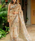 Cream cotton blend Mekhla Chador digital floral printed silver zari border tassels saree