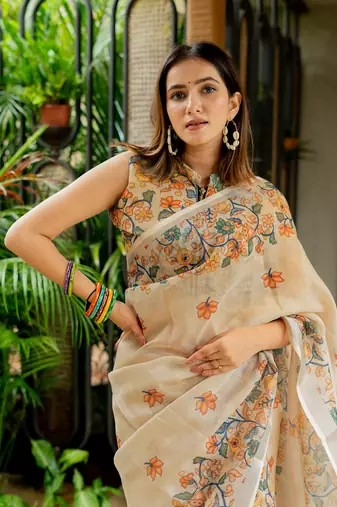 Cream cotton blend Mekhla Chador digital floral printed silver zari border tassels saree