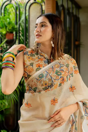 Cream cotton blend Mekhla Chador digital floral printed silver zari border tassels saree