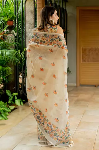 Cream cotton blend Mekhla Chador digital floral printed silver zari border tassels saree