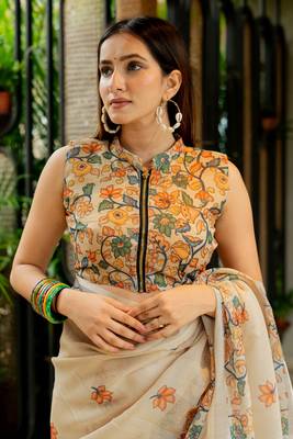 Cream cotton blend Mekhla Chador digital floral printed silver zari border tassels saree 6