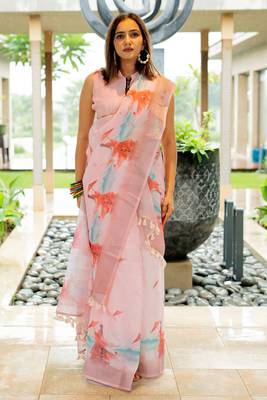 Light pink cotton blend Mekhla Chador digital block print silver zari border tassels saree 1