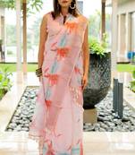 Light pink cotton blend Mekhla Chador digital block print silver zari border tassels saree