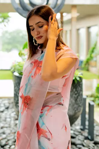Light pink cotton blend Mekhla Chador digital block print silver zari border tassels saree