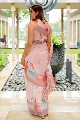 Light pink cotton blend Mekhla Chador digital block print silver zari border tassels saree 5