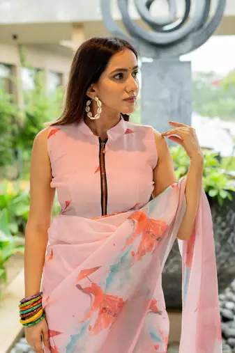 Light pink cotton blend Mekhla Chador digital block print silver zari border tassels saree