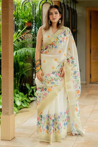 Cream cotton blend Mekhla Chador digital floral printed silver zari border tassels saree