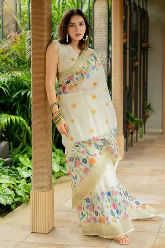Cream cotton blend Mekhla Chador digital floral printed silver zari border tassels saree