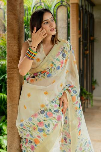 Cream cotton blend Mekhla Chador digital floral printed silver zari border tassels saree