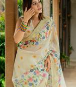 Cream cotton blend Mekhla Chador digital floral printed silver zari border tassels saree