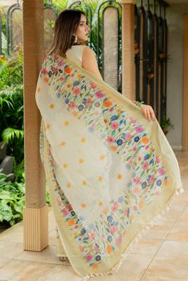 Cream cotton blend Mekhla Chador digital floral printed silver zari border tassels saree 5