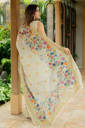 Cream cotton blend Mekhla Chador digital floral printed silver zari border tassels saree