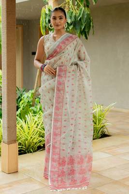 beige Assamese Linen Cotton Digital Printed Saree with Blouse Piece 1