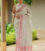 beige Assamese Linen Cotton Digital Printed Saree with Blouse Piece