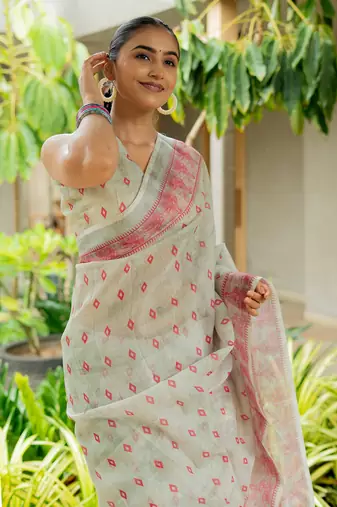 beige Assamese Linen Cotton Digital Printed Saree with Blouse Piece