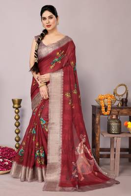 Maroon cotton blend floral madhubani print zari woven border saree 1