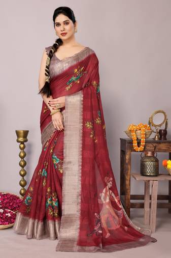 Maroon cotton blend floral madhubani print zari woven border saree
