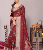 Maroon cotton blend floral madhubani print zari woven border saree
