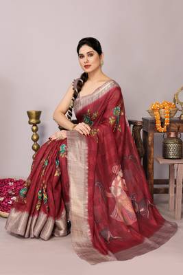 Maroon cotton blend floral madhubani print zari woven border saree 2