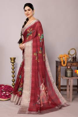 Maroon cotton blend floral madhubani print zari woven border saree 3