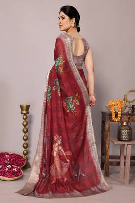 Maroon cotton blend floral madhubani print zari woven border saree 4