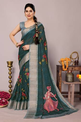 Dark teal cotton blend floral madhubani print zari woven border saree