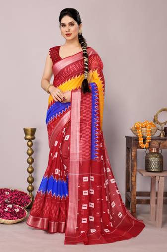 Red cotton blend block print temple border silver zari border saree