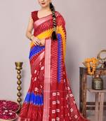 Red cotton blend block print temple border silver zari border saree