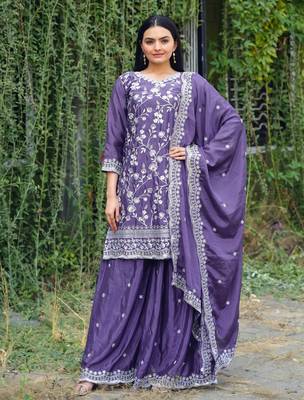 PURPLE HEAVY CHINON EMBROIDERY PARTY WEAR SUIT  1