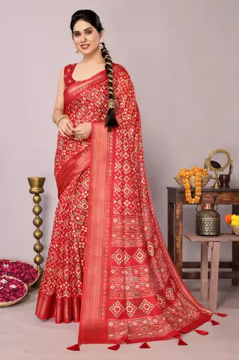 Red cotton blend ikkat patola print zari woven border saree