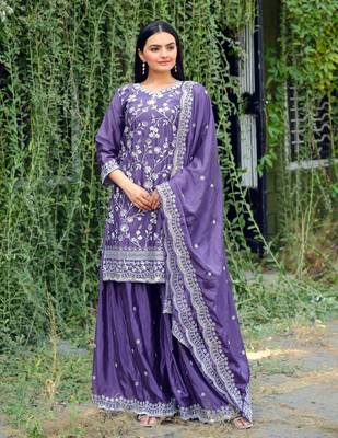 PURPLE HEAVY CHINON EMBROIDERY PARTY WEAR SUIT  2